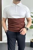 Erkek Renk Bloklu Polo Yaka Yarım Fermuarlı Tişört Kiremit Edw234 thumbnail 2