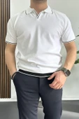 Erkek Açık Yaka Şerit Detaylı Tişört Beyaz Edw235 thumbnail 2