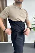 Erkek Renk Bloklu Polo Yaka Yarım Fermuarlı Tişört Vizon Edw234 thumbnail 3