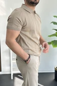 Erkek Yarım Fermuarlı Polo Yaka Tişört Vizon Edw257 - 3