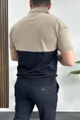 Erkek Renk Bloklu Polo Yaka Yarım Fermuarlı Tişört Vizon Edw234 thumbnail 4