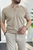Erkek Polo Yaka Polo Yaka Fermuarlı Düz Tişört Vizon Edw261 thumbnail 2