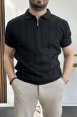 Erkek Polo Yaka Fermuarlı Desenli Tişört Siyah Edw262 - 1