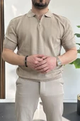 Erkek Polo Yaka Fermuarlı Desenli Tişört Vizon Edw262 - 2