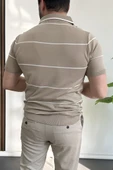 Erkek Açık Yaka Yan Çizgili Tişört Vizon Edw259 thumbnail 4
