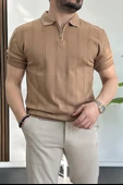 Erkek Polo Yaka Fermuarlı Desenli Tişört Kahverengi Edw262 thumbnail 2