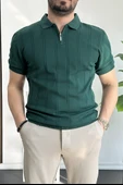 Erkek Polo Yaka Fermuarlı Desenli Tişört Koyu Yeşil Edw262 - 1