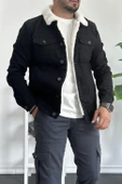 Erkek Slim Fit Cepli İçi Kürklü Düğmeli Kot Ceket Siyah PR113 - 1