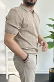Erkek Polo Yaka Fermuarlı Desenli Tişört Vizon Edw262 - 3
