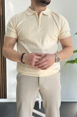 Erkek Yarım Fermuarlı Polo Yaka Tişört Krem Edw257 - 2