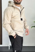 Erkek Slim Fit Krinkıl Kumaş Kanguru Cepli Yarım Fermuarlı Mevsimlik Mont Krem Edw077 - 3