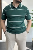 Erkek Açık Yaka Yan Çizgili Tişört Koyu Yeşil Edw259 thumbnail 2