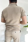 Erkek Açık Yaka Çizgili Desenli Tişört Vizon Edw258 - 4