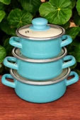 Lüks Emaye 6 Parça Mini Tencere Seti 12/14/16 Cm Turkuaz KR322-C - 1