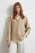 Kraşlı Saten Gömlek Bej thumbnail 4