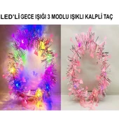 Kalp Püsküllü 3 Modlu LED Işıklı Taç Pembe Renk - 1