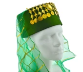 Tüllü Paralı Taşlı Kadın Yeşil Yöresel Fes Başlık 9 cm - 5