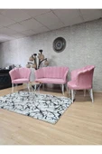 Beyaz Boyalı Tel Ayak Pembe Döşeme Papatya Çay Seti Koltuk Takımı , Balkon, Salon, Ofis, Cafe Koltuk Takımı - 6