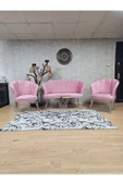 Krom Tel Ayak Pembe Döşeme Papatya Çay Seti Koltuk Takımı , Balkon, Salon, Ofis, Cafe Koltuk Takımı - 1