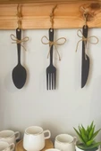3 Parça Dekoratif Ahşap Çatal-Kaşık-Bıçak Seti Mutfak, Kahve Köşesi, Raf, Askı Süsü, Dolap,(19 cm) - 1