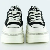 Erkan Saçmacı Siyah Beyaz Yüksek Taban Spor Kristal Taşlı İnci Detaylı Bağcıklı Platform Sneaker - 3