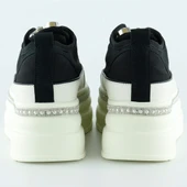 Erkan Saçmacı Siyah Beyaz Yüksek Taban Spor Kristal Taşlı İnci Detaylı Bağcıklı Platform Sneaker - 4