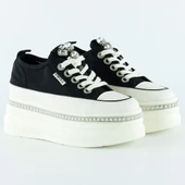 Erkan Saçmacı Siyah Beyaz Yüksek Taban Spor Kristal Taşlı İnci Detaylı Bağcıklı Platform Sneaker - 2