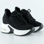 Erkan Saçmacı Siyah Beyaz Örgü Dokuma Taşlı Bağcıklı Hava Yastıklı Taban Dolgu Slip-on Sneaker - 2