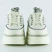 Erkan Saçmacı Beyaz Yüksek Taban Kristal Taşlı İnci Detaylı Bağcıklı Gelin Platform Sneaker - 3