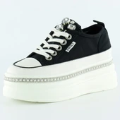 Erkan Saçmacı Siyah Beyaz Yüksek Taban Spor Kristal Taşlı İnci Detaylı Bağcıklı Platform Sneaker - 1