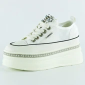 Erkan Saçmacı Beyaz Yüksek Taban Kristal Taşlı İnci Detaylı Bağcıklı Gelin Platform Sneaker - 1