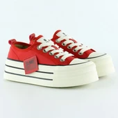 Erkan Saçmacı Kırmızı Saten Yüksek Taban Spor Taşlı Bağcıklı Platform Sneaker - 2