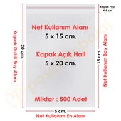 5x15+5 cm.(5x20) 500 Adet Şeffaf Bantlı Yapışkanlı OPP Poşet - 1