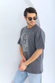 Unisex Oversize Taşlı Bisiklet Yaka T-Shirt - Füme - 4