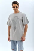 Unisex Oversize Taşlı Bisiklet Yaka T-Shirt - Gri - 4