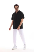Unisex Yarım Fermuarlı Düz Oversize T-shirt - Siyah - 1