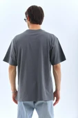 Unisex Oversize Taşlı Bisiklet Yaka T-Shirt - Füme - 1