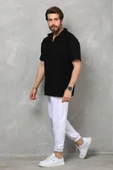 Unisex Yarım Fermuarlı Düz Oversize T-shirt - Siyah - 4