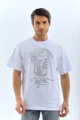 Unisex Oversize Taşlı Bisiklet Yaka T-Shirt - Beyaz - 2