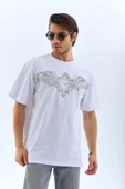 Unisex Oversize Taşlı Bisiklet Yaka T-Shirt - Beyaz - 4