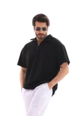 Unisex Yarım Fermuarlı Düz Oversize T-shirt - Siyah - 3