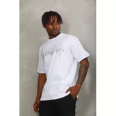 Unisex Oversize Taşlı Bisiklet Yaka T-Shirt - Beyaz - 7