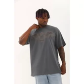 Unisex Oversize Taşlı Bisiklet Yaka T-Shirt - Füme - 4