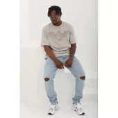 Unisex Oversize Taşlı Bisiklet Yaka T-Shirt - Gri - 4