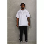 Unisex Oversize Taşlı Bisiklet Yaka T-Shirt - Beyaz - 4