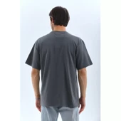 Unisex Oversize Taşlı Bisiklet Yaka T-Shirt - Füme - 5