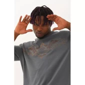 Unisex Oversize Taşlı Bisiklet Yaka T-Shirt - Füme - 1