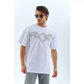 Unisex Oversize Taşlı Bisiklet Yaka T-Shirt - Beyaz - 8