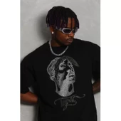 Unisex Oversize Taşlı Bisiklet Yaka T-Shirt - Siyah - 2