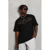 Unisex Oversize Taşlı Bisiklet Yaka T-Shirt - Siyah - 1